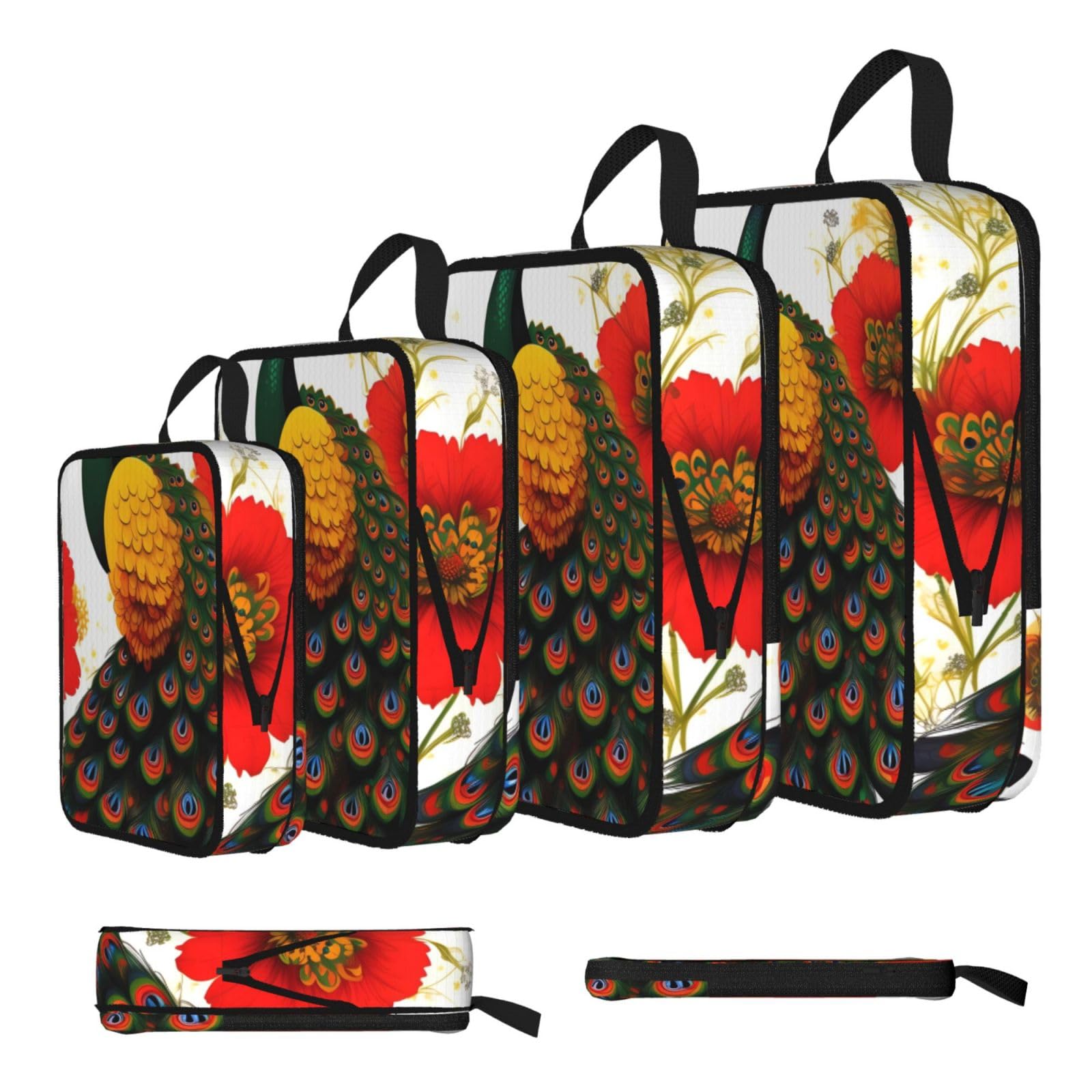 Sxzvvbn Black Peacock Red Flower Compression Packing Cubes 4 Piece Set