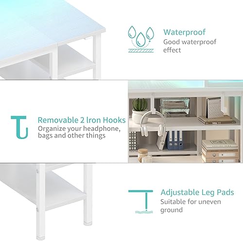 Miniatura 8 de Lufeiya - Escritorio blanco con estantes de almacenamiento - Escritorio de oficina en casa de 47 pulgadas para juegos con soporte para monitor,