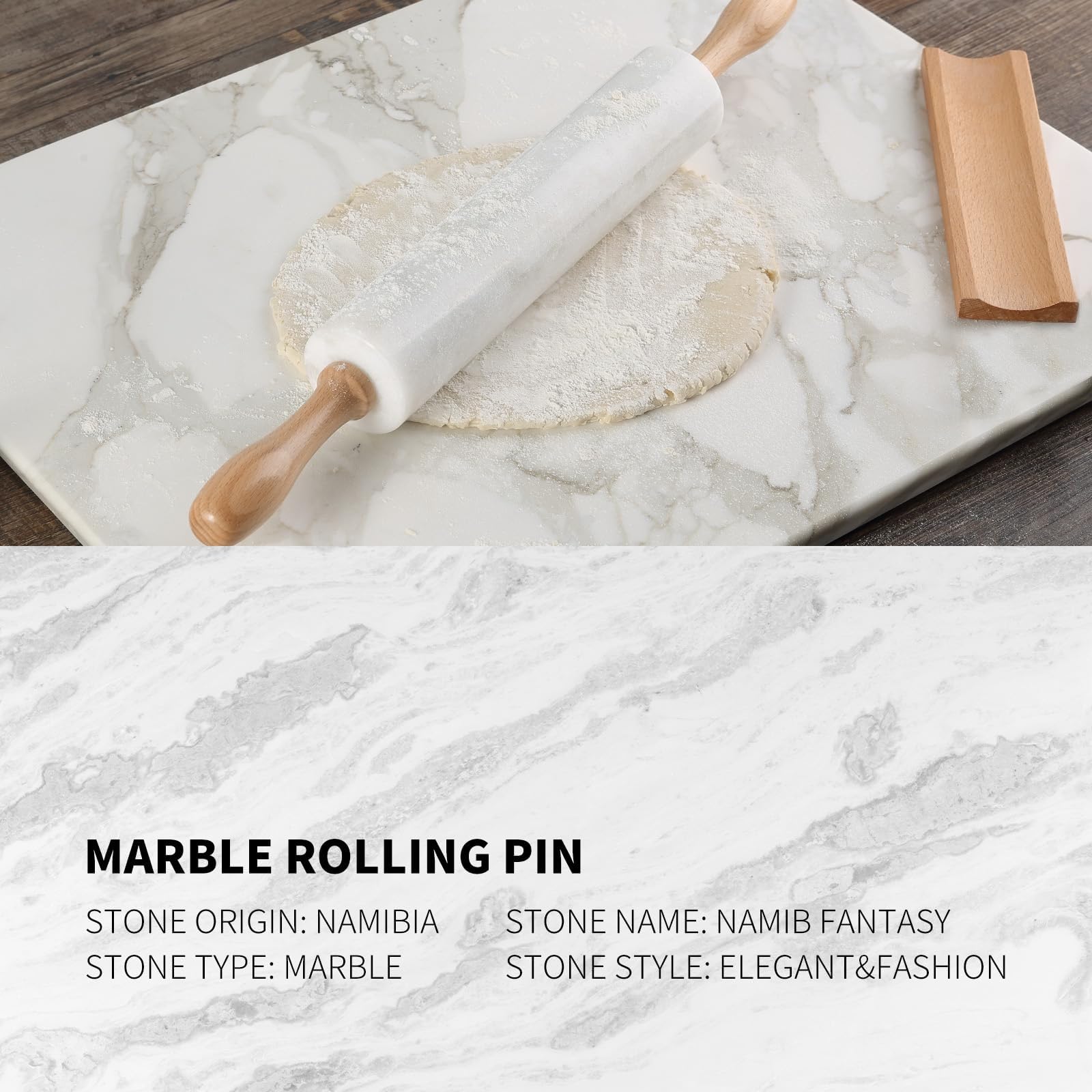 Koville Rodillo de mármol, rodillo de masa pulido con piedra africana antiadherente, pasta, albóndigas, ravioles, fondant, corteza de pastel, herramientas de repostería para hornear de cocina (Namib