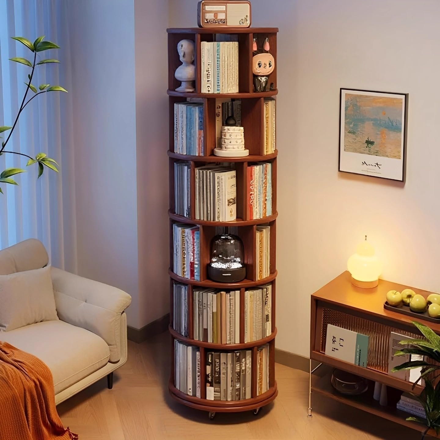 Estanteria Giratoria Libros, 6 Niveles de Madera Maciza Redonda de la Estantería de la Torre, 360 Grados Estantería Rodando para Niños Adultos,Aplicable a Salon para Dormitorio.