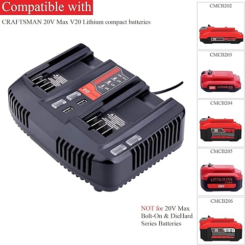 Miniatura 2 de CMCB124 Dual Port V20 Cargador de Batería Reemplazo Rápido para Craftsman 20V MAX Litio CMCB202 CMCB204 CMCB206 con 2 Puertos USB Negro