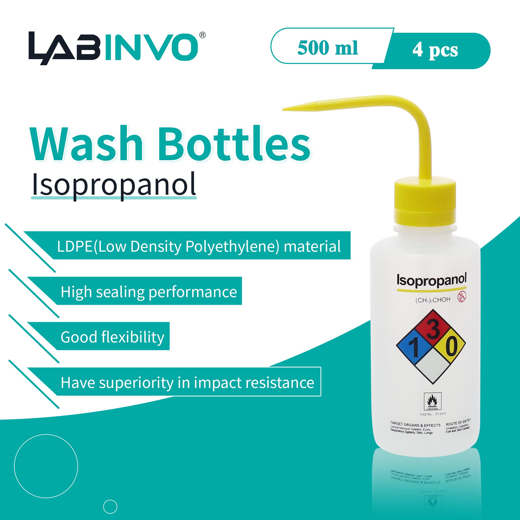 IN-WBI500 - Bottiglie per lavaggio isopropanolo, vol.500 ml, bocca stretta, autofilettanti, materiale LDPE, 4 pezzi