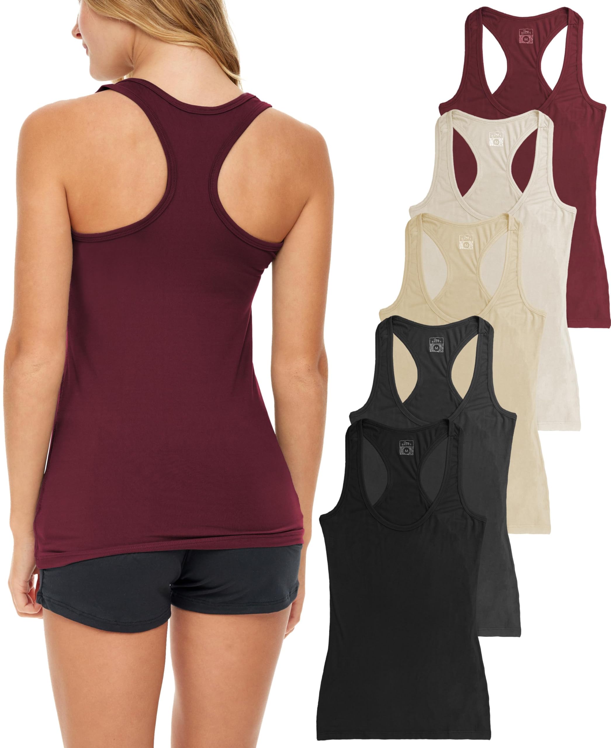 Sexy Basics Womens 5 Pack Racerback PowerFlex Tank Tops Cotton -Spandex Stretch Color Tank Tops