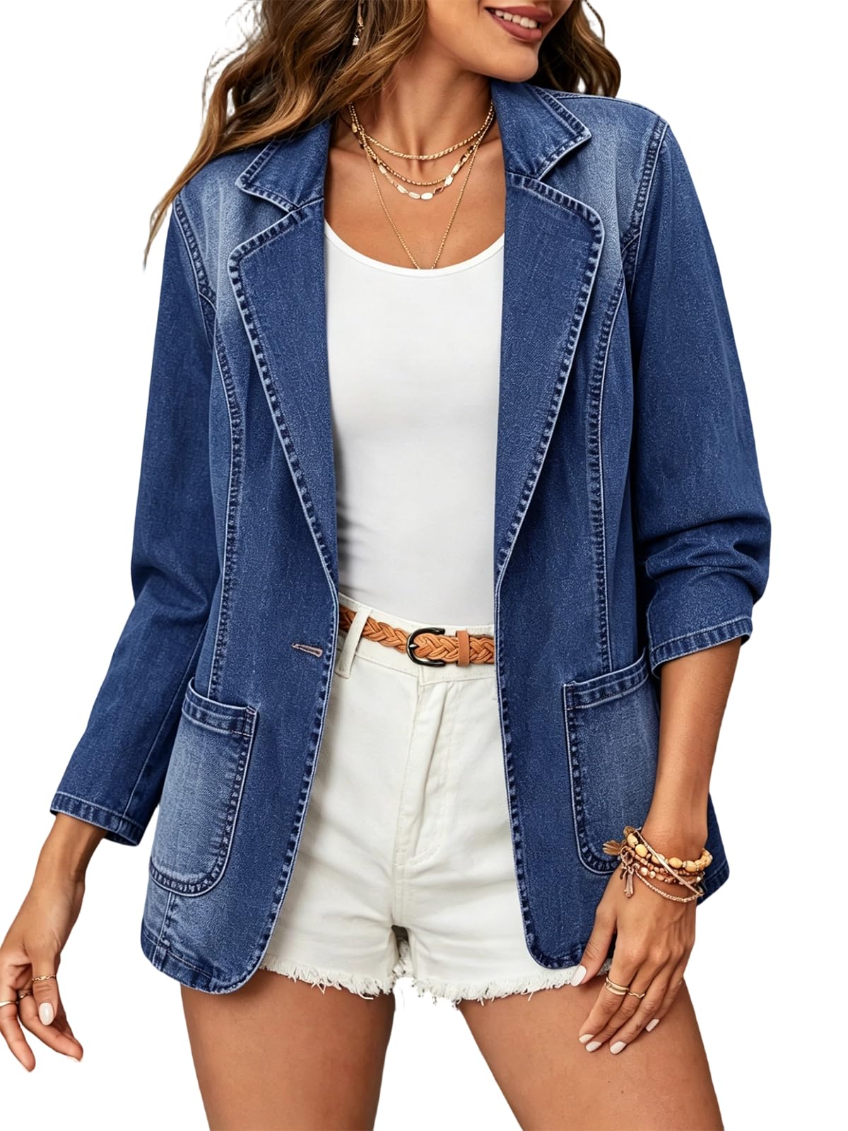 Photo 1 of ebossy Women's Classic Notch Lapel Denim Blazer One Button Long Sleeve Slim Office Jean Jacket (L, Blue)