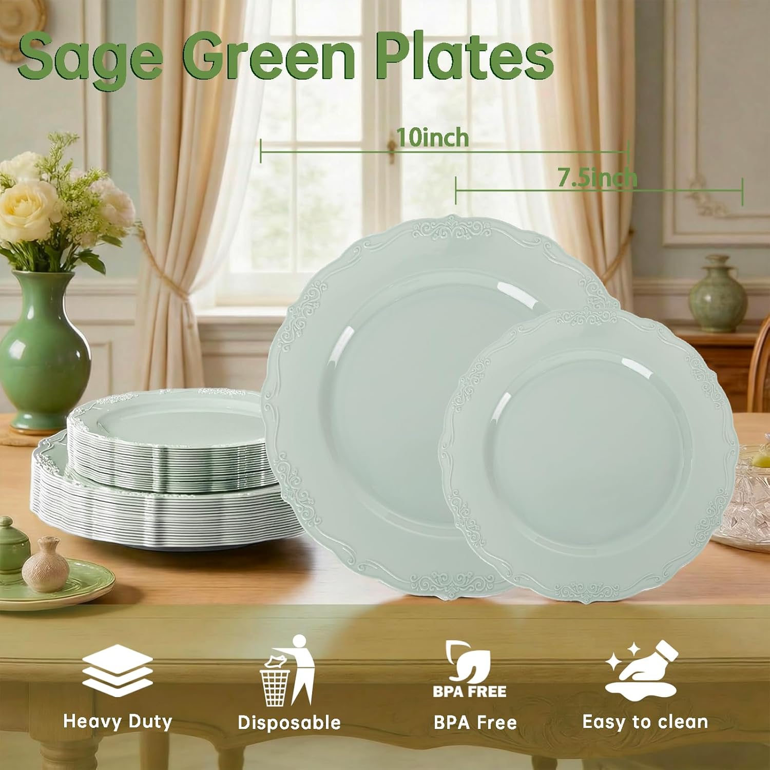 Tinybee 60PCS Sage Green Plates - Heavy Duty Sage Green Disposable Plates, Elegant Plastic Plates for Bridal Shower, Wedding and Party Including 30 Dinner Plates 10 '' & 30 Dessert Plates 7.5 ''