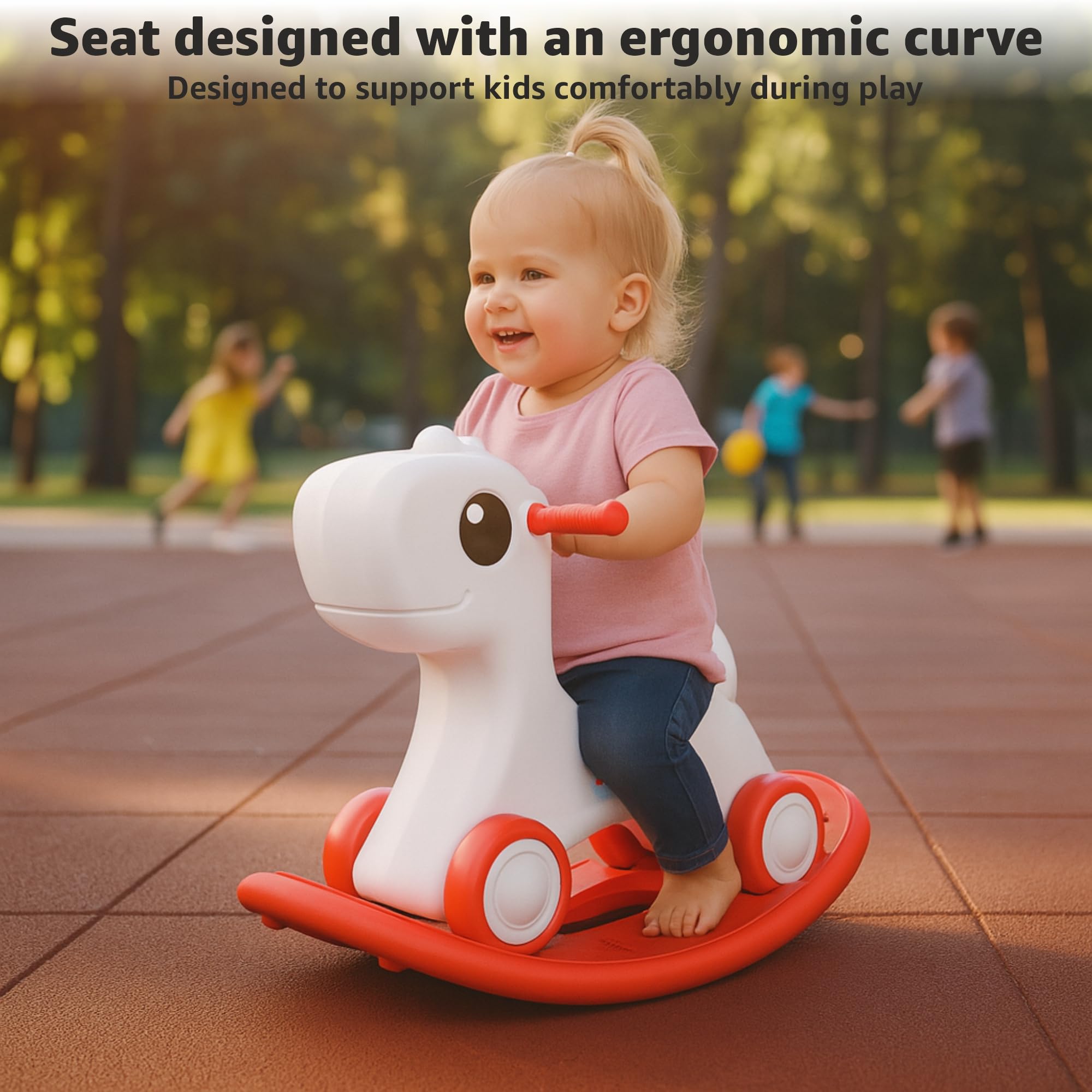 Amazon Brand - Jam & Honey 3-in-1 Baby Push On Ride On Rocker for Kids | Balancing Board | Backrest | Easy Grip | Four Wheel | Durable and Safe | Lightweight | Animal Theme | 12 Months+ | Red & Grey 4
