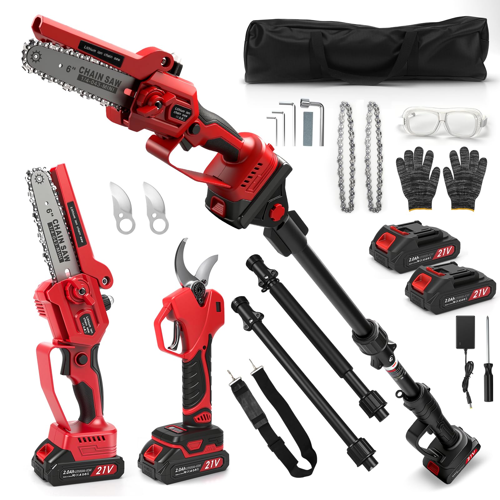 8 inch mini-kettingzaag & accu, elektrische snoeischaar, 4-in-1 tuingereedschapsset, met 2 x 4,0 Ah accu, verlengstang tot 4,2 m, borstelloze motor, elektrische snoeizaag voor boomtakken, houtzagen
