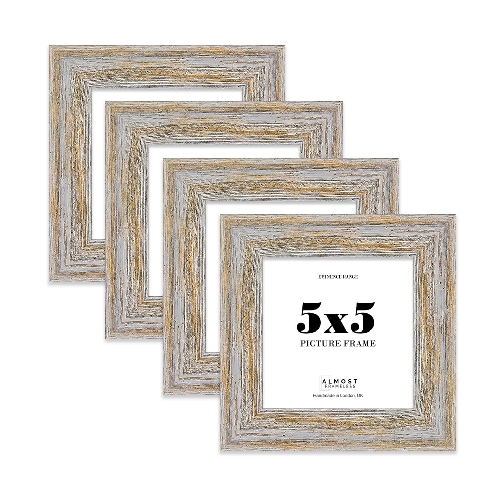 5x5 Walnut Woodgrain Picture Frame - Rustic Wood Industrial Effect Photo Frame for Wall Display, Ideal for Posters, Prints & Home Décor, Wall Hooks and Kickstand, 32mm Edge - 4 Pack