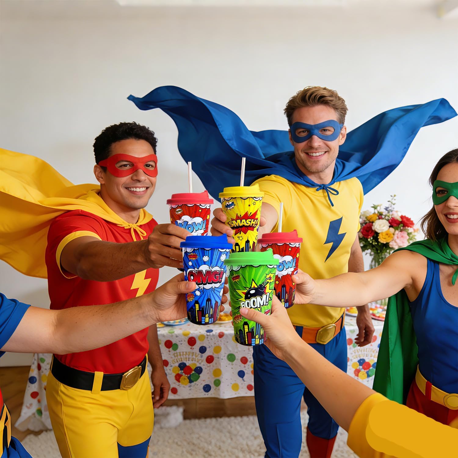 24 Pack Hero Themed Party Cups with Lids - 16oz Reusable Plastic Tumblers for Kids Birthday, Red Blue Yellow Green Drinking Cups for Comic Hero Party Decorartions Favors Supplies