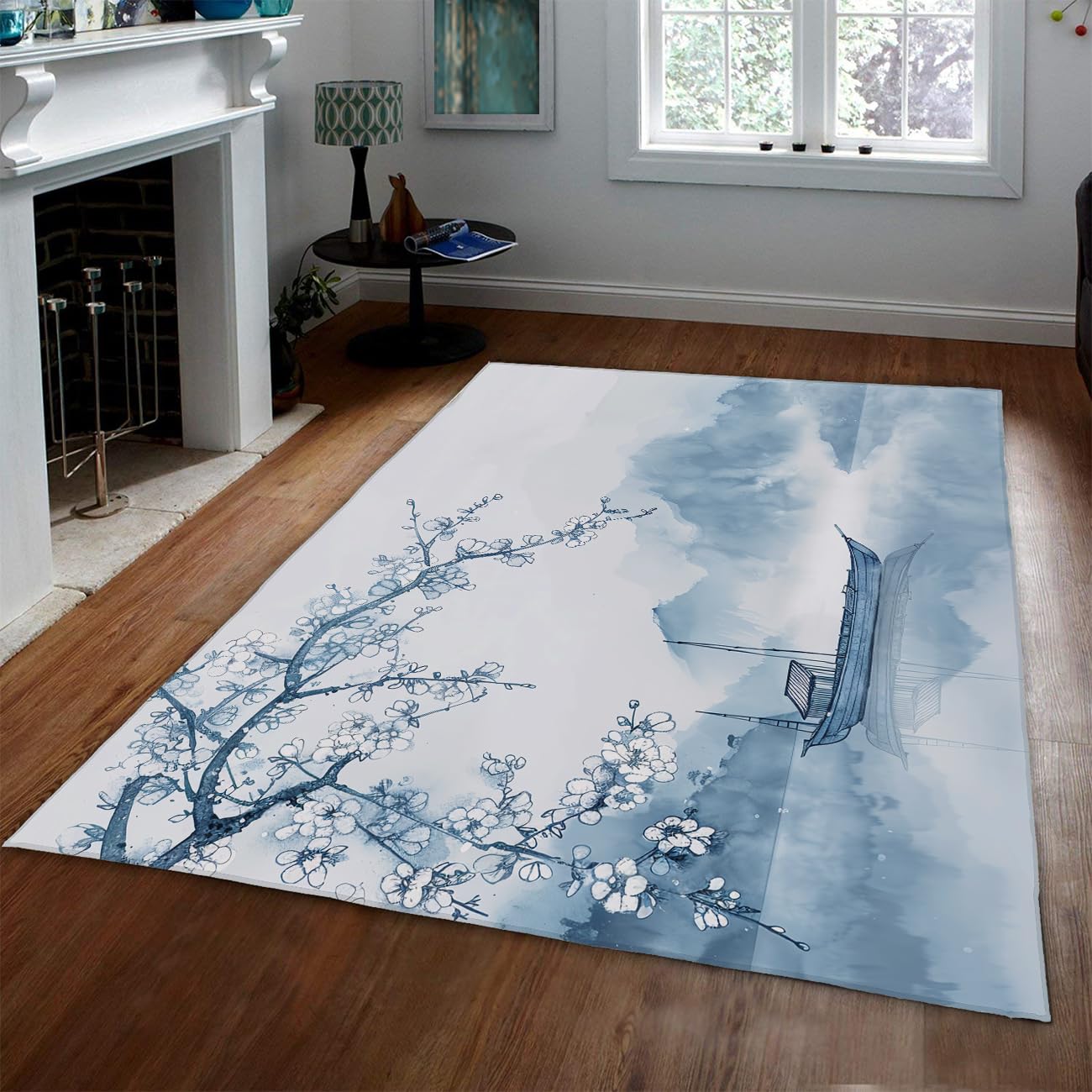 Tapis style feng shui fleurs de prunier blanc pour chambre et bureau