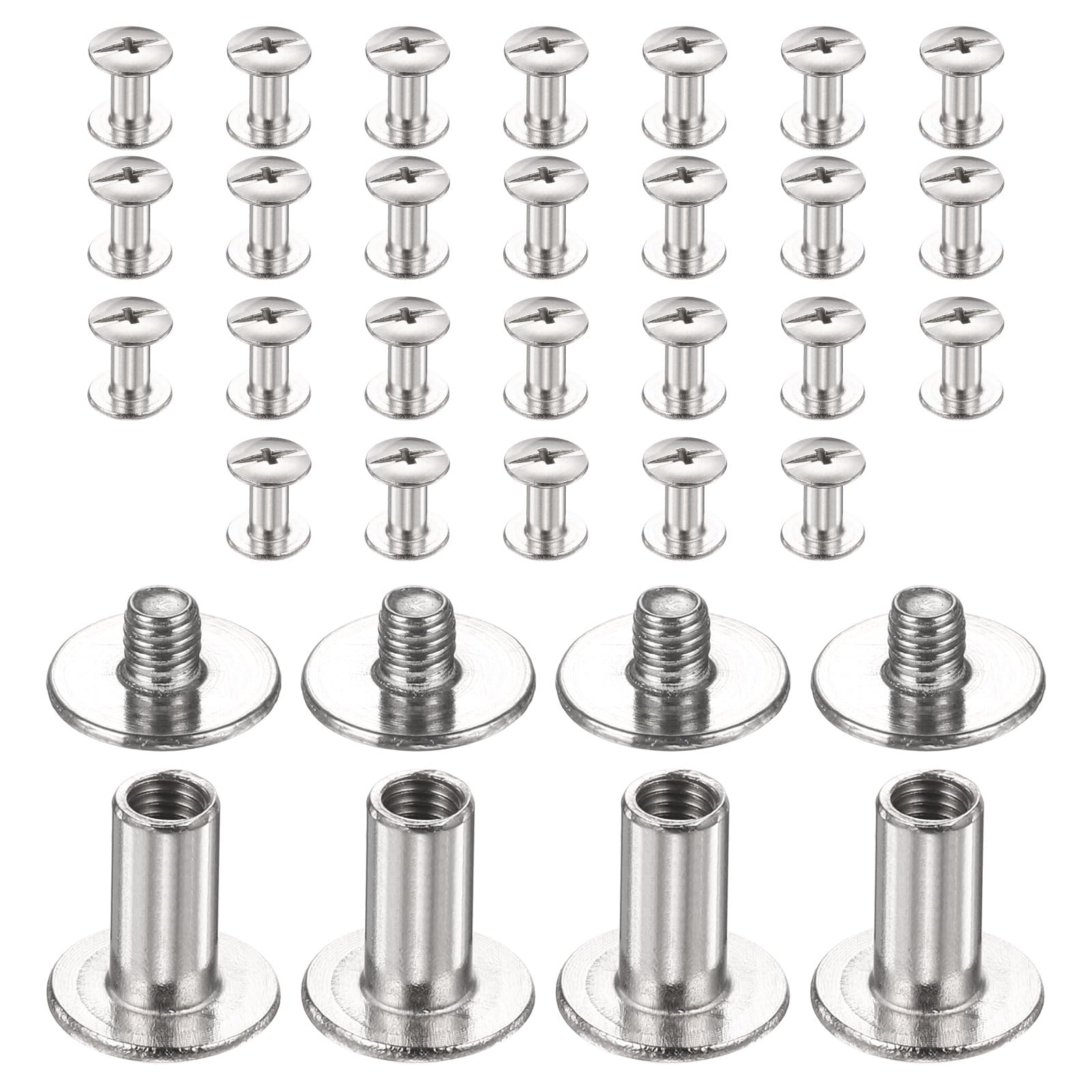 sourcing map 30set Chicago Screw M3x9mm 5mm Length Metal Phillips Nail Rivet Stud Bolts Rivets Binding Post Screw for DIY Leather Belt Bag Craft Bookbinding, Silver
