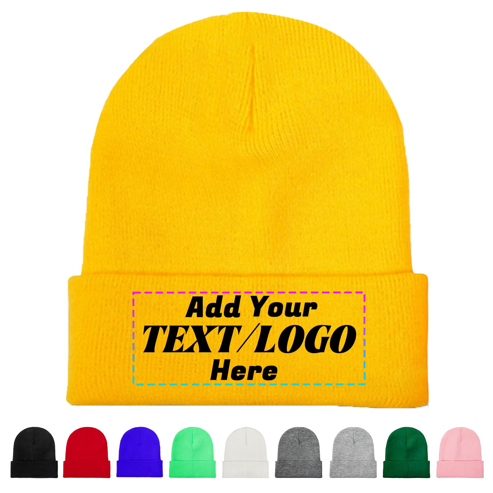 Personalised Beanie Hat, Custom Beanie with Text Logo Image, Custom Men's Skullies & Beanies, Skull Cap Winter Warm Hat for Men (UK, Alpha, One Size, Yellow)