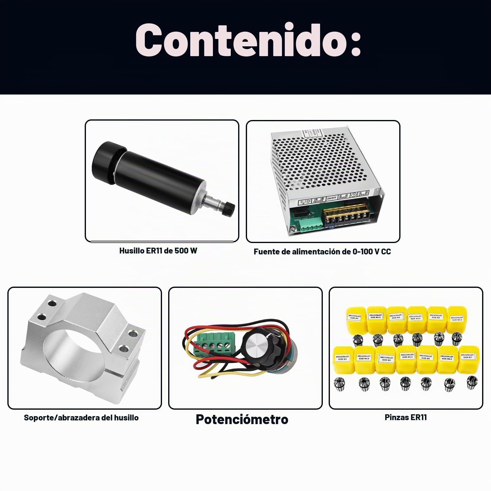 YOFULY Husillo CNC de 500 W con refrigeración por aire, regulador de velocidad MACH3 con fuente de alimentación AC110 V-220 V + soporte de husillo de 52 mm + pinzas de sujeción ER11 para máquina de