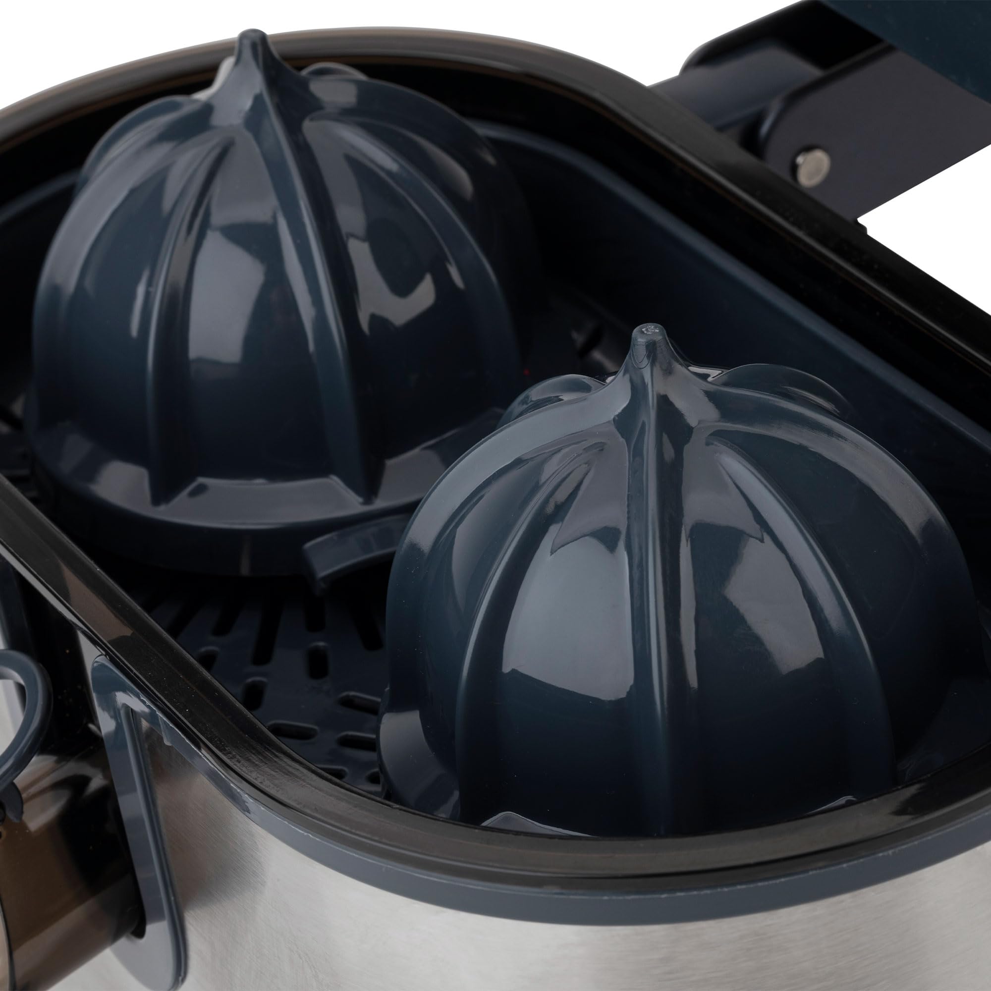 JATA JEEX1236 - Exprimidor de Naranjas Eléctrico Doble Cono 1100 W | Cuerpo de acero inoxidable | Sistema antigoteo | Piezas desmontables y lavables | Brazo articulado automático | Base antideslizante