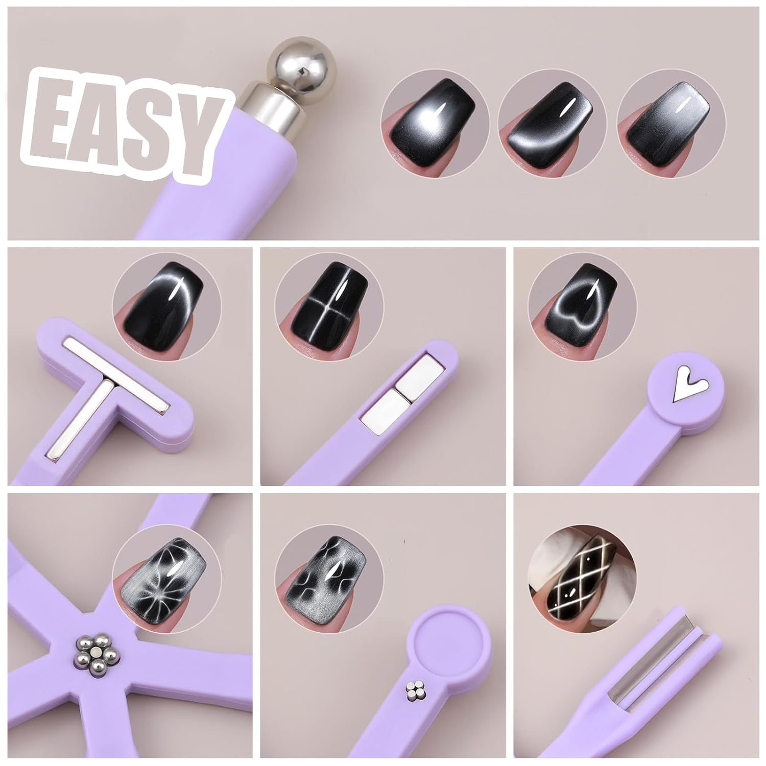 Cat Eye Magnet Tools Nail Art Set, 8-in-1 Cat Eye Gel Polish Nail Magnet Wand Magnetic Nail Polish Cat Eye Magnet for Nails