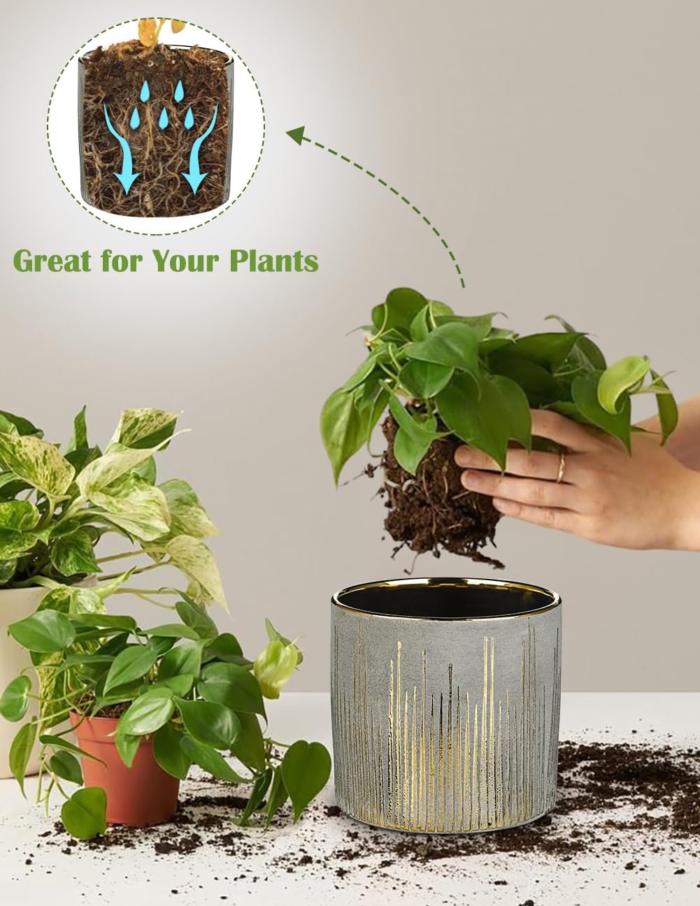 Small Ceramic Pot for Indoor Plants, 5.3 inch Plant Pot with Drainage Hole Decorative Texture Gold Planter Indoor Outdoor Flower Pots for Succulent Snake Plant Pothos Orchid