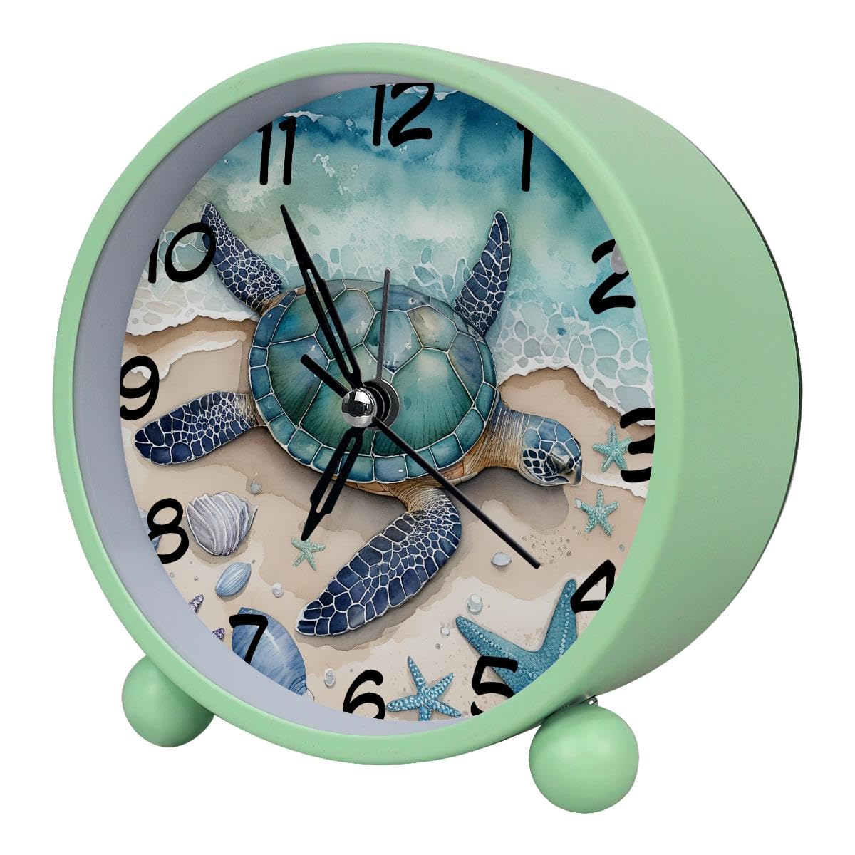 Luoweisi Analog Alarm Clock Beach Turtle Starfish, Silent Non-Ticking with Night Light, Battery Operated, Round Desk Alarm Clock for Office, Bedroom, Elderly, Adults, Children, Student Gifts