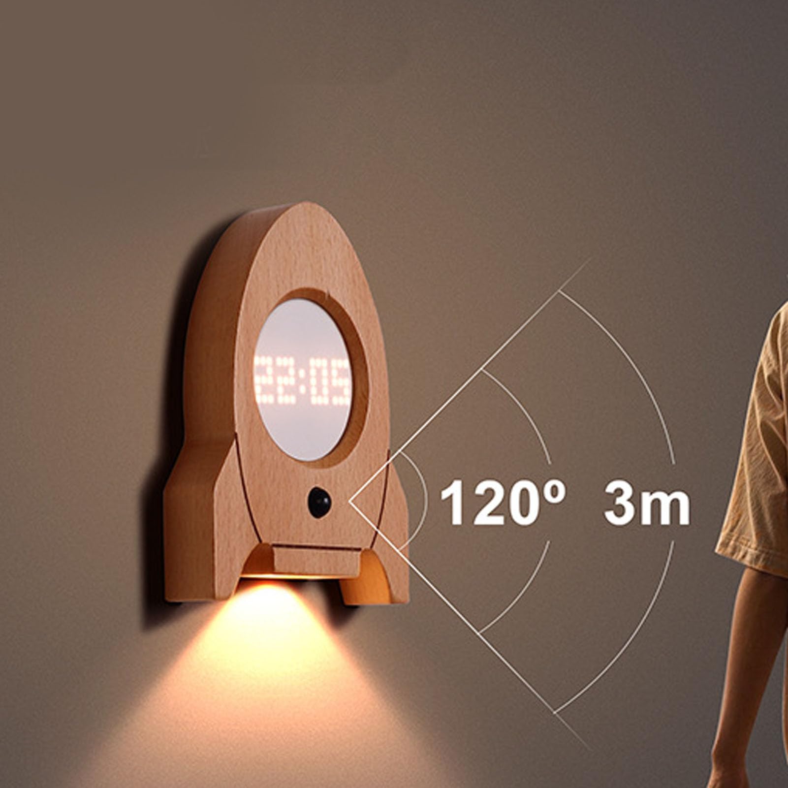 Veilleuse en Bois avec Capteur de Mouvement et Horloge, Pratique pour le Couloir, la Chambre à Coucher, Rechargeable, Blanc Chaud 3000K