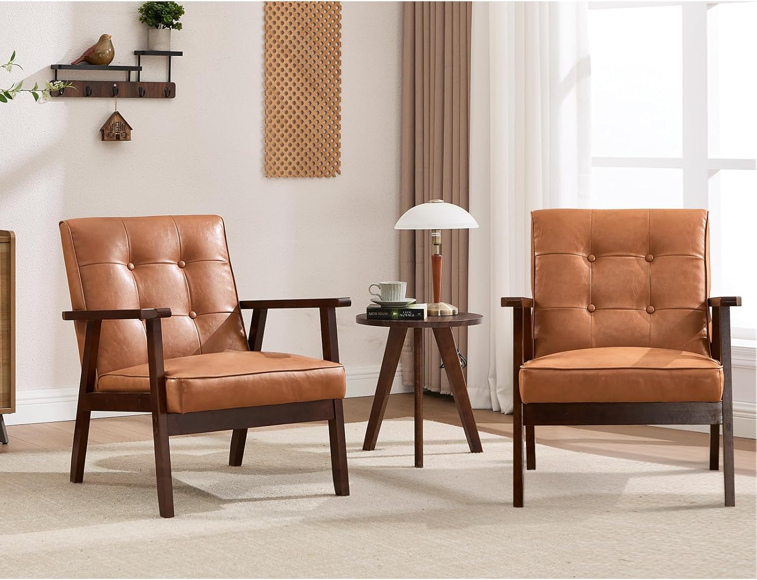 ANJ Mid Century Modern Accent Chair Set of 2 for Living Room, Tufted Faux Leather Armchair, Comfy Retro Bedroom Side Chair with Dark Wood Frame, Orange Brown