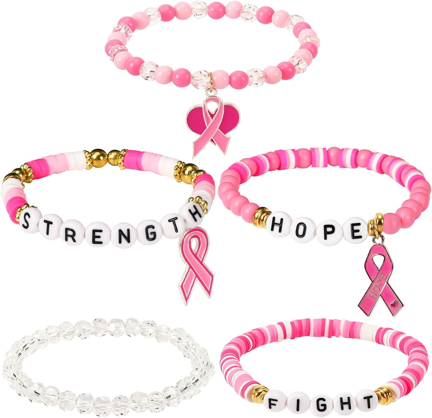 JULMELON 5Pcs Pink Ribbon Breast Cancer Bracelets, Breast Cancer Survivor Gifts for Woman Glitter Beaded Bracelet HOPE FIGHT Friendship Bracelets Survivor Support Jewelry Gifts
