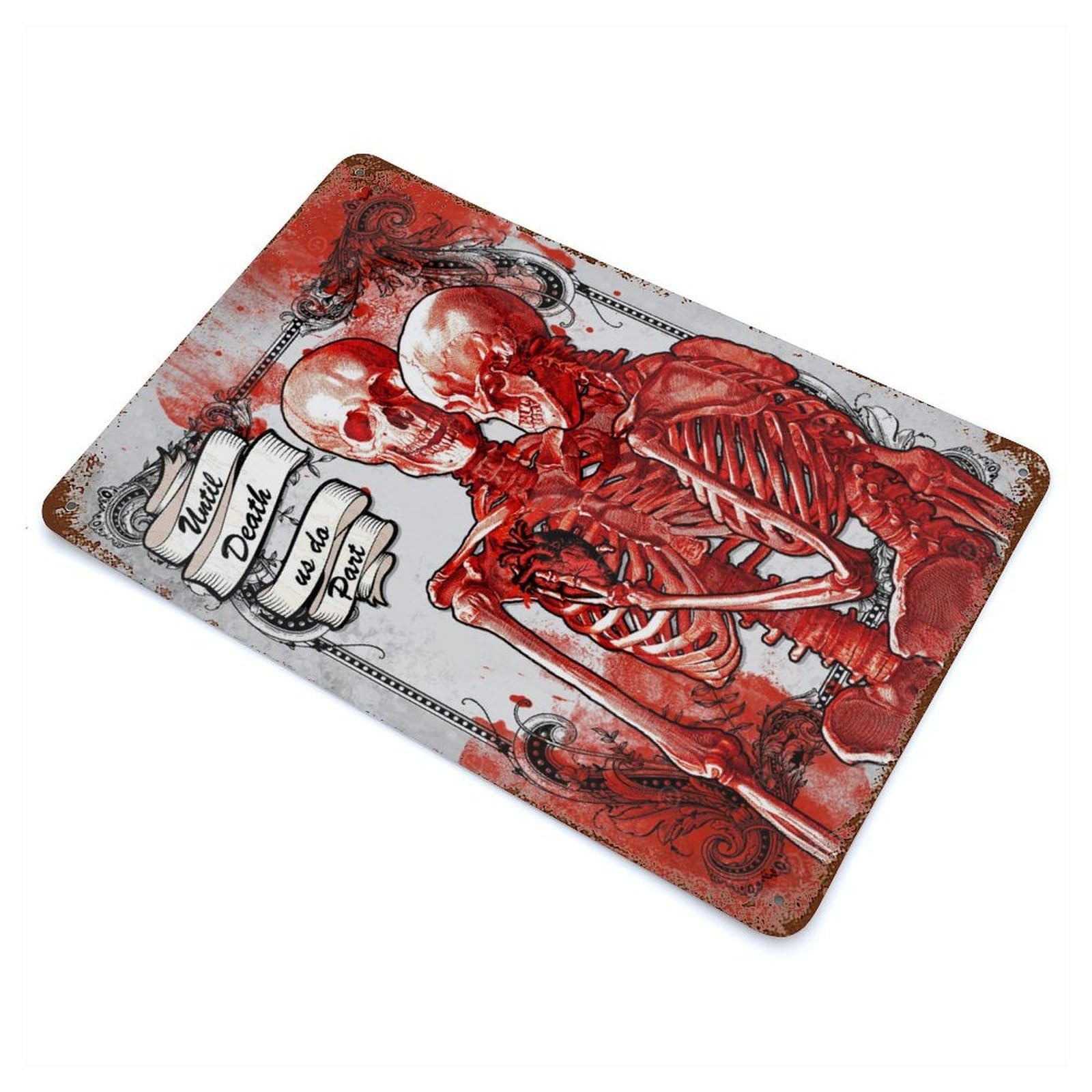 Weathered Tin Sign with Red Skeletons Design 11.8"x7.9", for Shed, Workshop And Garage Wall Decor, Decorative Metal Wall Art