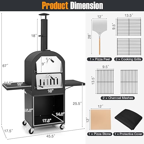 Miniatura 2 de Horno de pizza al aire libre, horno de pizza de madera de 2 lados con piedra para pizza de 12 pulgadas, cáscara de pizza y cubierta impermeable,