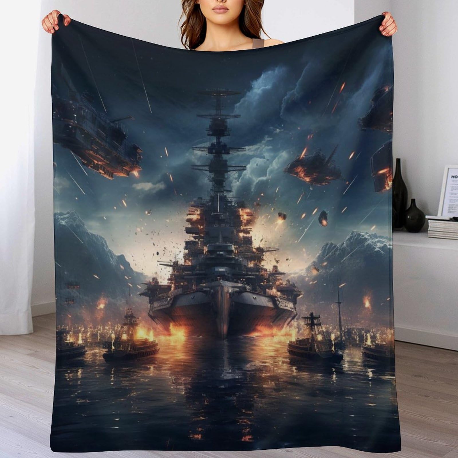 Couverture Polaire en Flannel Navire de Guerre 100x130 cm pour Lit et Canapé