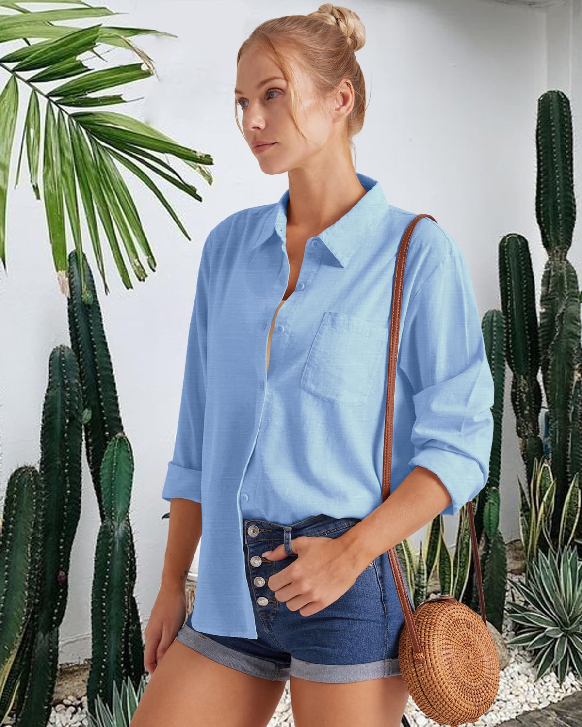 Friptspyg Blusa de Mujer con Cuello en V y Manga Larga 100% Algodón Casual con Bolsillo Suelta y Versátil para Verano
