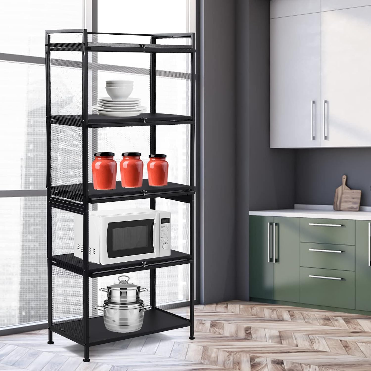 5-Tier Kitchen Rack with 4 Layer Flip Door, KitchenStorage Cabinet Storage Shelf Organizer, for Kitchen, Bedroom, Living Room, Office, Bookshelves, Shoe Racks,Wine Cooler(Black)