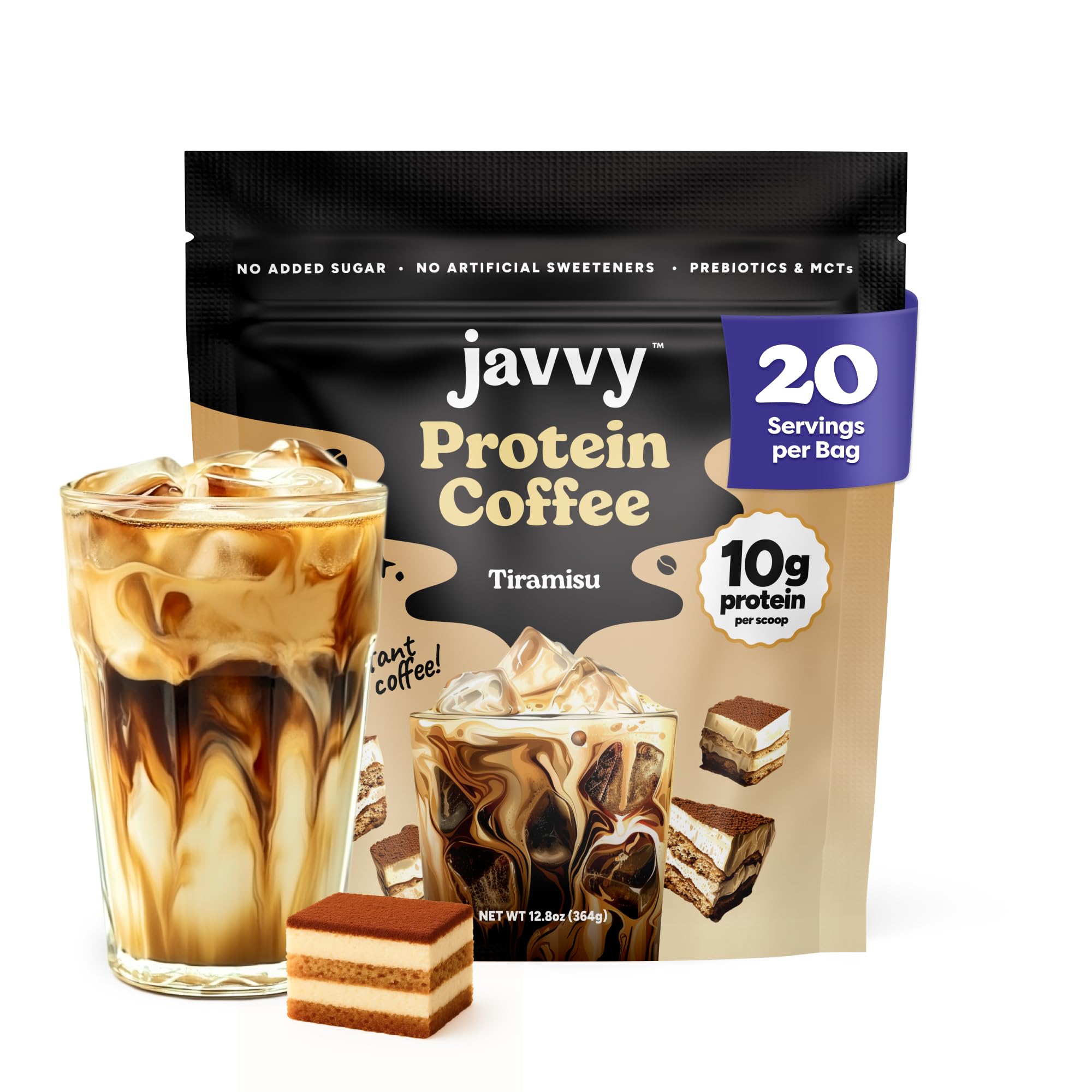 Tiramisu Protein Iced Coffee - Premium Whey Protein & Instant Iced Coffees - 100% Natural Cold Brew- Zero Artificial Flavors & Sweeteners, 80 mg