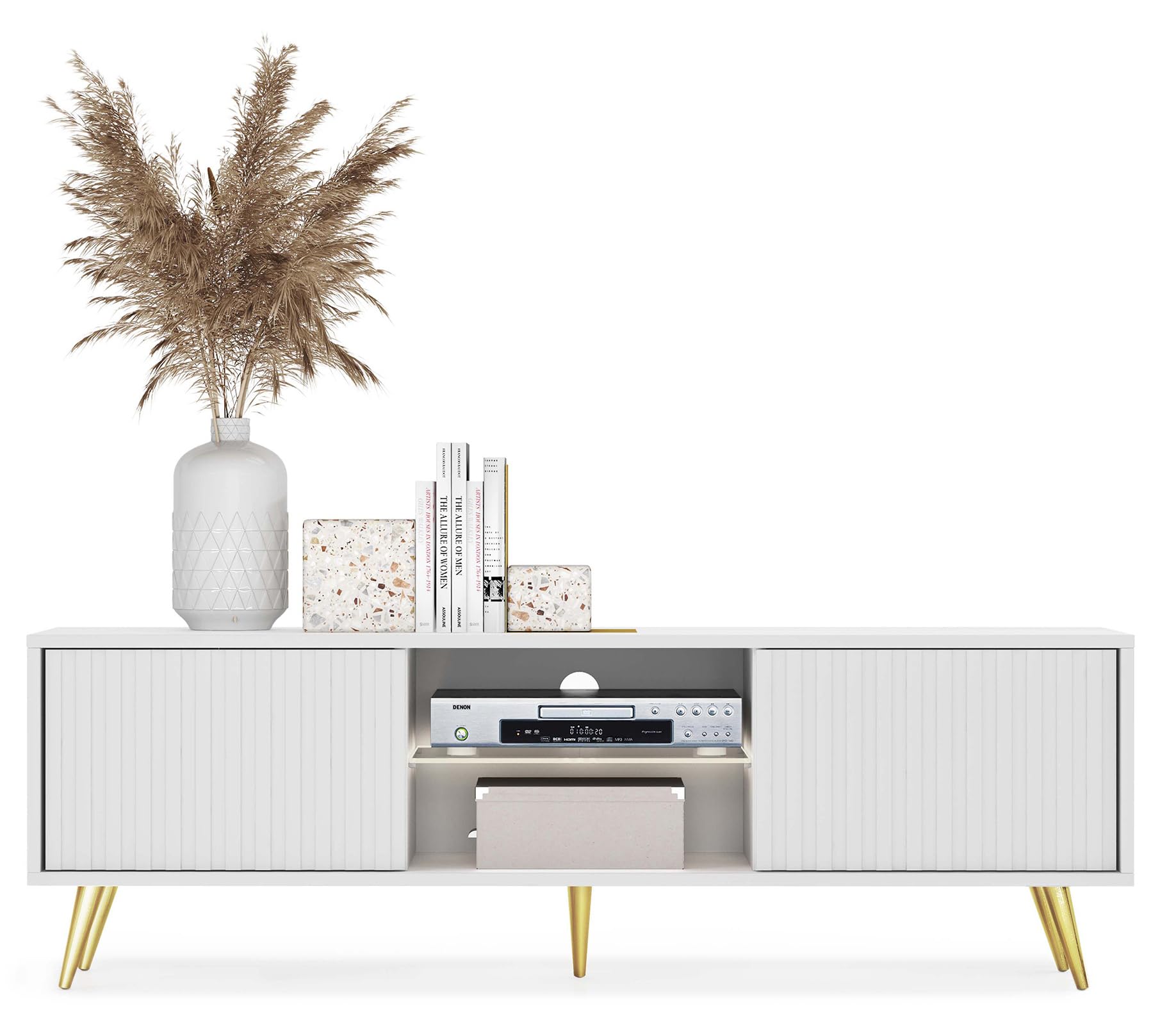 Selsey TV Schrank Board Sideboard Fernsehtisch Fernsehschrank Mit Lamellen 135 cm Goldene Beine Weiß Bello