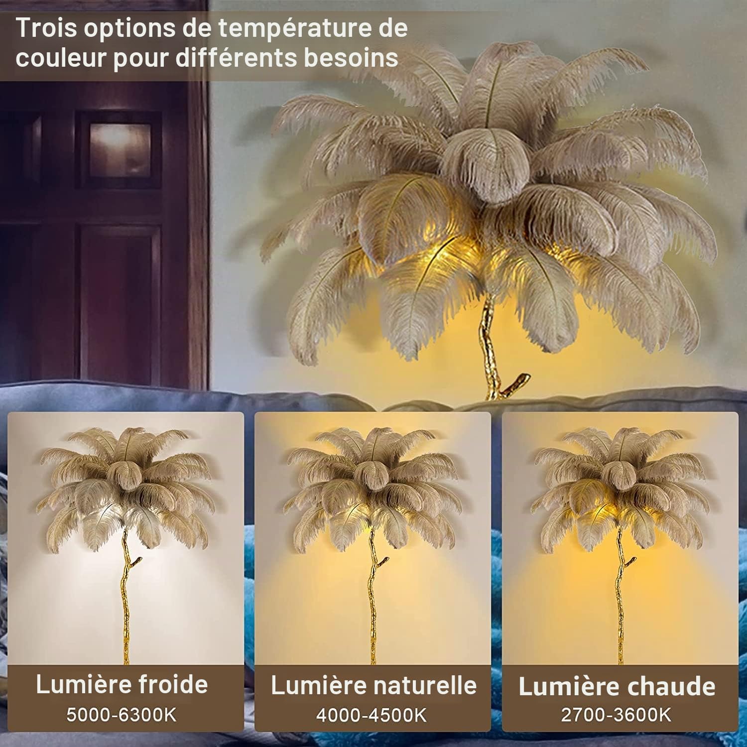 Lampadaire sur Pied Salon, Lampadaire LED Plume d'autruche Naturelle avec une Ampoule LED, Chambre Moderne Luxe Lampe sur Pied pour Villa Bureau Hôtel Salon Chambre (Brun, 120cm)
