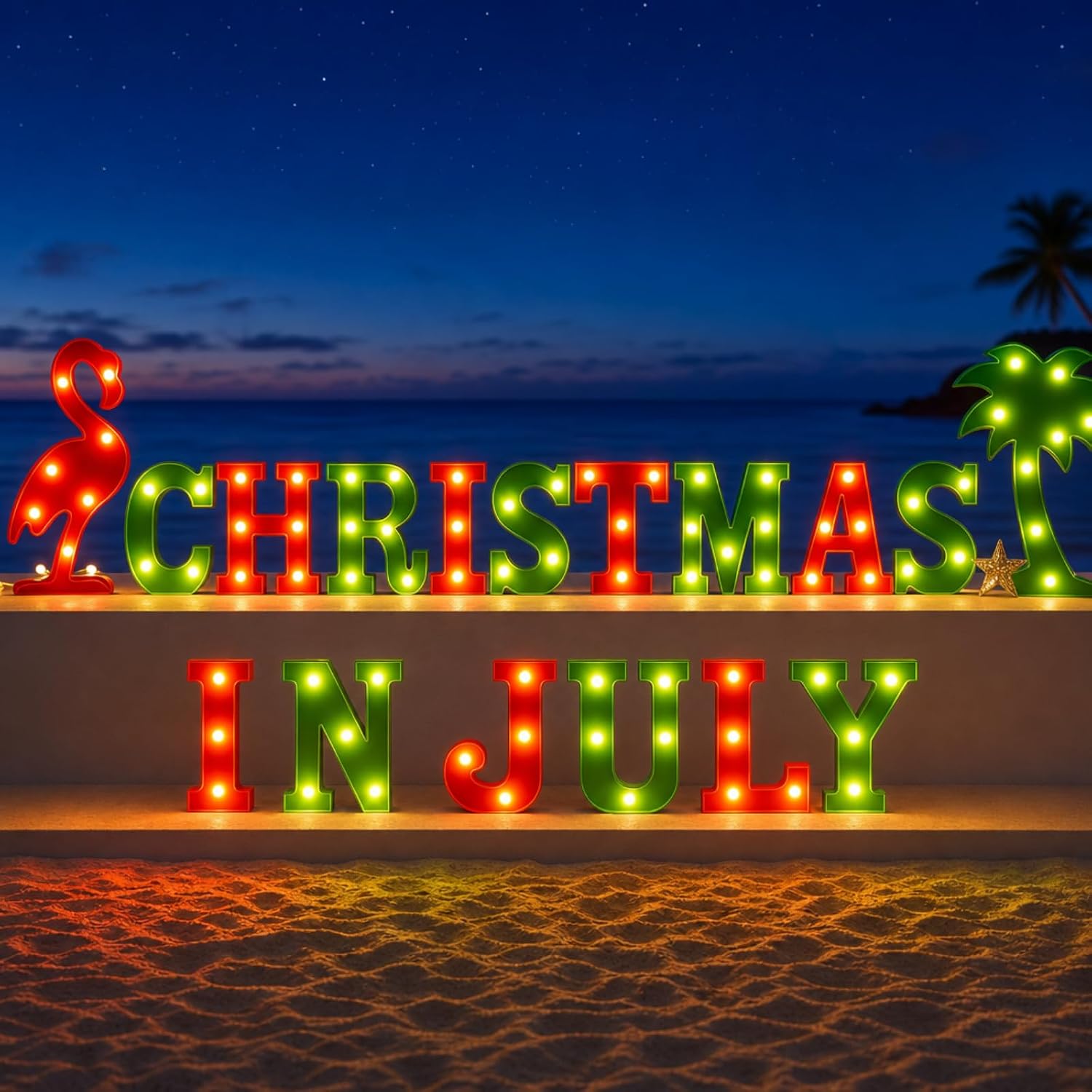 17 Pcs Christmas in July LED Letter Lights Summer Christmas Decor Marquee Light Letter Sign July Xmas Lights up 3D Plastic Table Centerpiece for Summer Beach Holiday Party Decoration
