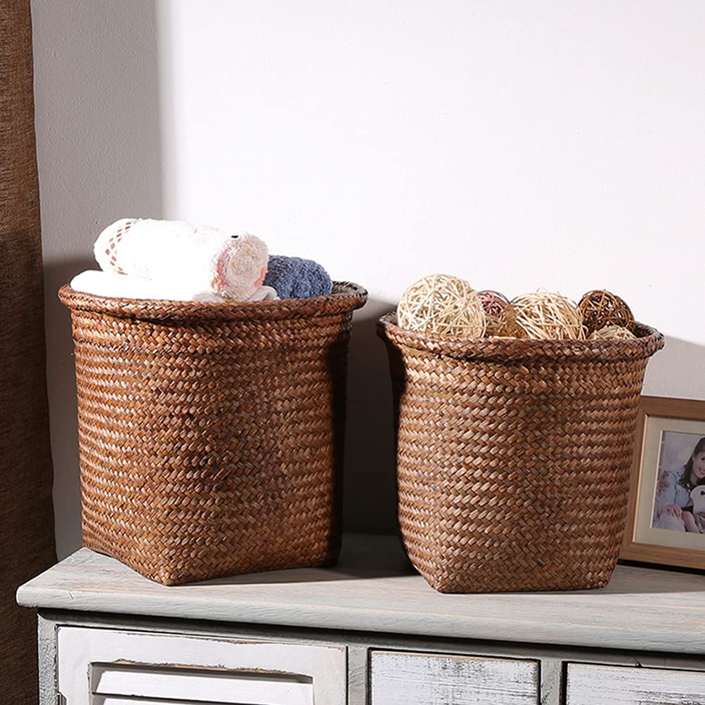 NUOBESTY 1pc Handwoven Straw Wastebasket Rustic Decorative Trash Can for Home Office and Bathroom Multi-Functional Woven Storage Bin