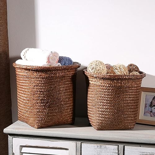 Miniatura 8 de NUOBESTY Papelera decorativa rústica de paja tejida a mano, 1 unidad, para oficina en casa y baño, contenedor de almacenamiento tejido multifuncional