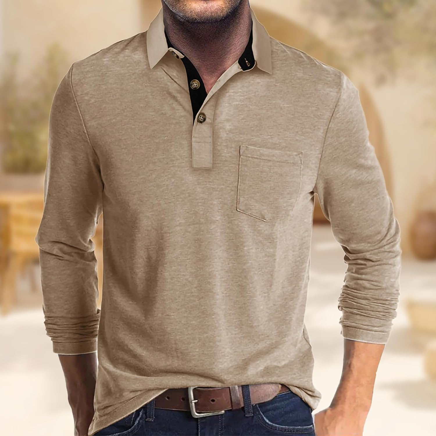 MARSVOVO Mens Polo Shirts Classic Comfy Button Up Long Sleeve Shirts Business Casual Tops with Pocket - Image 2