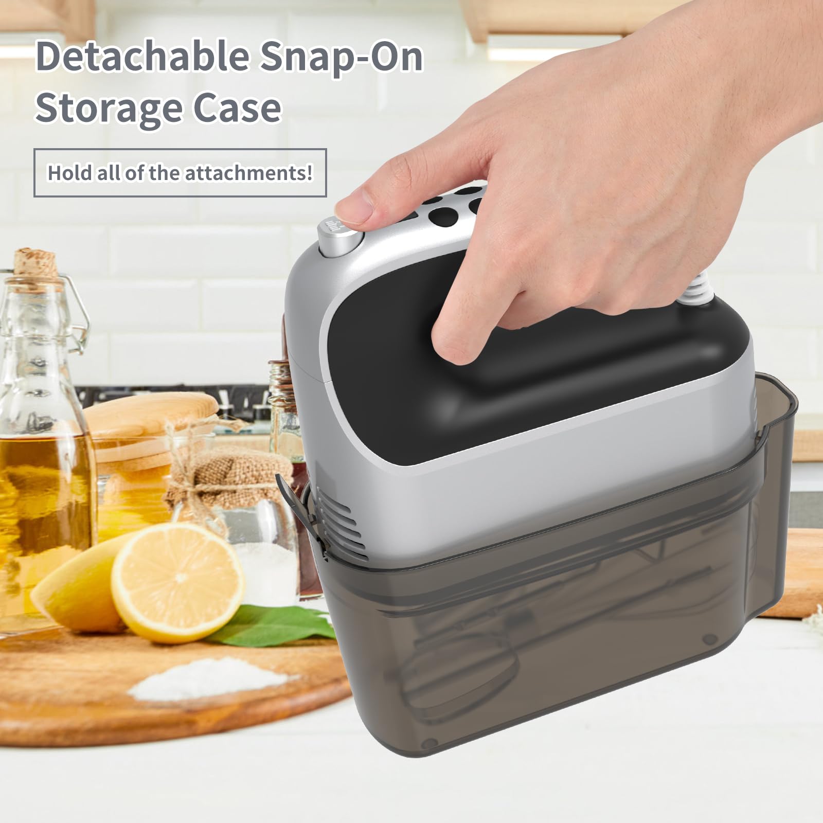 Yomelo Batidora de mano digital eléctrica de 9 velocidades, potente motor CC de 400 W de bajo ruido, mezclador de mano con caja de almacenamiento a presión, 5 accesorios de acero inoxidable, batidores