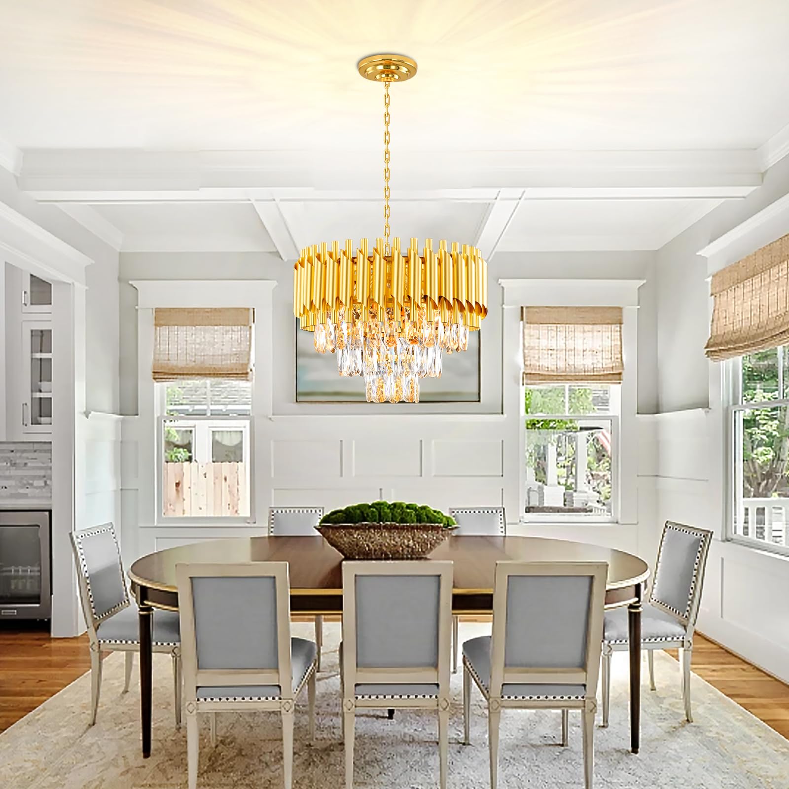 Lustre Golden Crystal Chandelier Lights, Modern Crystal Pendant Light, 3-Tier Raindrop Chandelier Light Fixture, 5xE14 lumières, pour le salon, la salle à manger, la chambre, le Restaurant, Ø40 cm