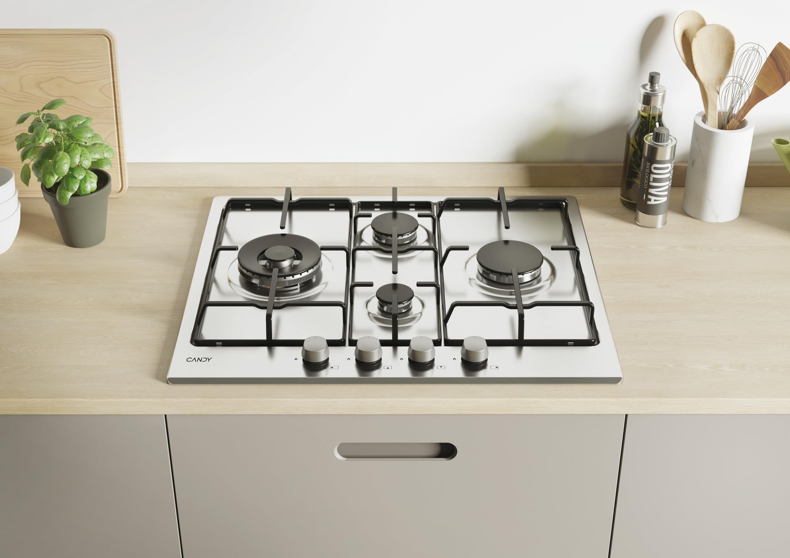 Candy Idea Piano Cottura a Gas 4 Fuochi, Bruciatore Doppia Corona 4000W, Griglie Smaltate Lavabili in Lavastoviglie, Acciaio Inox, Sicurezza Gas, AxLxP 0,8x59,5x51 cm - CHW6D4WX