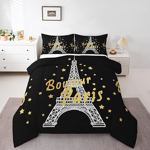 Miniatura 3 de Erosebridal Juego de edredón de la Torre Eiffel, tamaño matrimonial, juego de ropa de cama con estrellas doradas para niños, niñas y adolescentes,