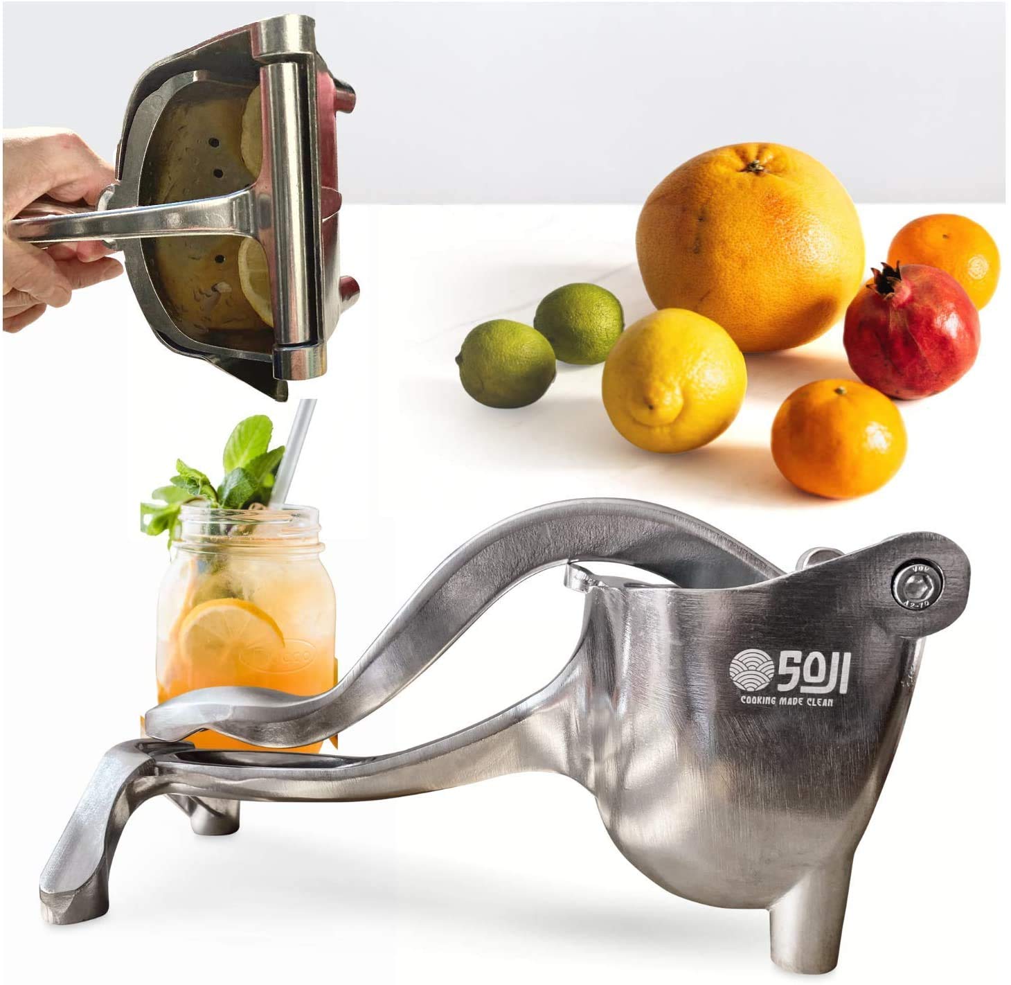 The Soji SuperBeast Manual Juicer - Single Press Fruit Juice Squeezer - Heavy Duty Aluminum Alloy Citrus Squeezer, And Pomegranate Juicer With Seed Filter - Handheld, Easy Clean Cocktail Fruit Juicer
