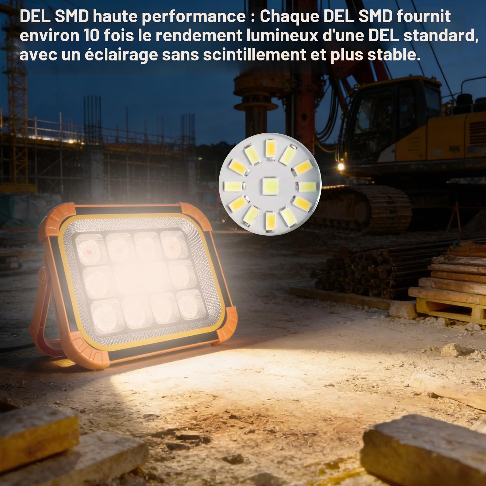 Projecteur Led Rechargeable Solaire Projecteur Led Batterie 24000 mAh avec Luminosité Réglable, Lampe de Chantier pour Camping, Chantiers de Construction, éclairage de secours