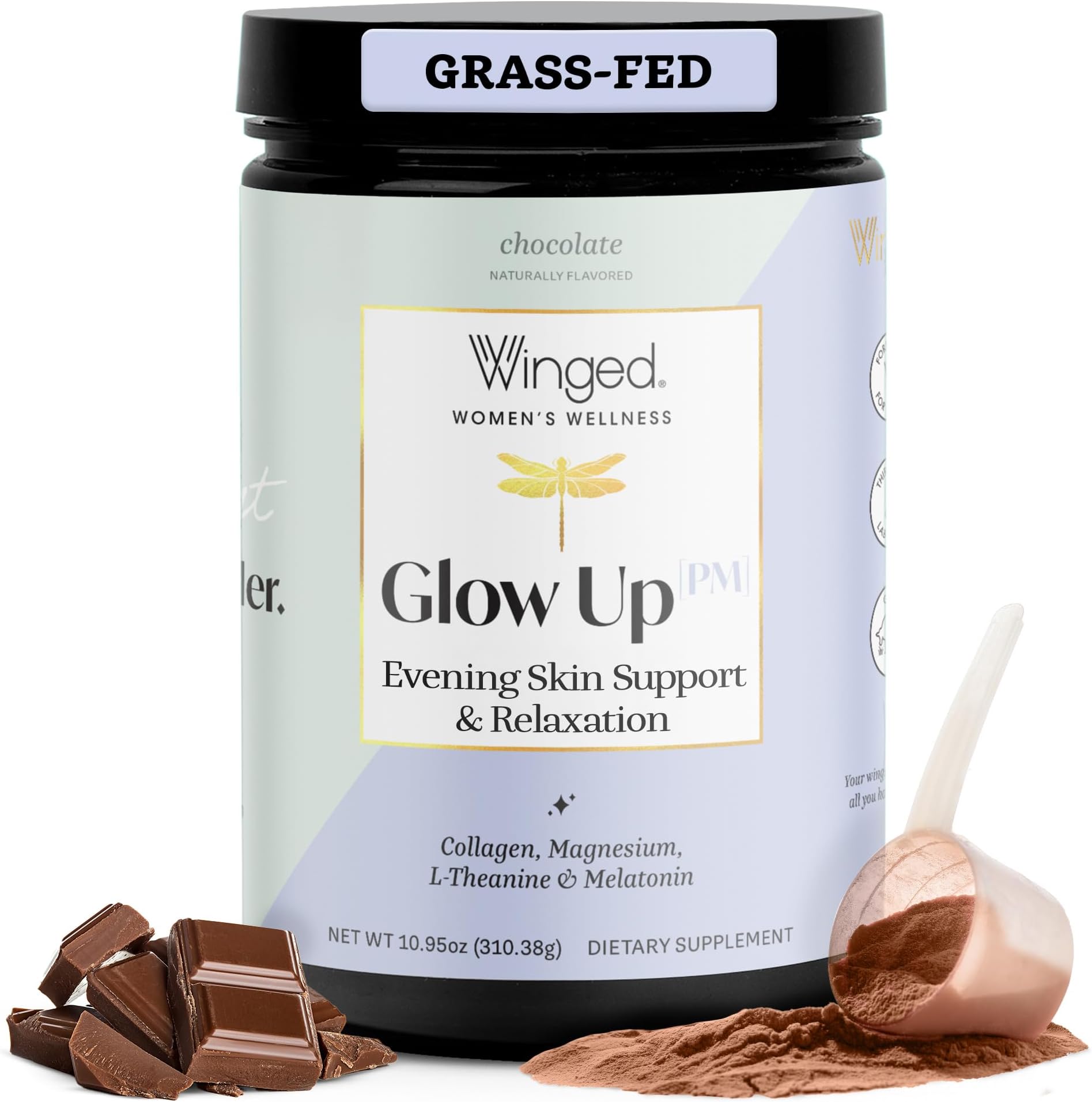 Winged Wellness Glow Up PM Collagen Peptide Powder | Evening Skin and Relaxation for Glowing Skin and Sweet Sleep. Grass Fed Collagen w/Magnesium, L-Theanine and Melatonin I Chocolate, 21 Servings