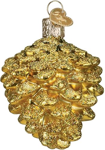 Old World Christmas Adorno soplado de cristal de pino dorado pequeño para árbol de Navidad, decoración navideña artesanal, colección Nature