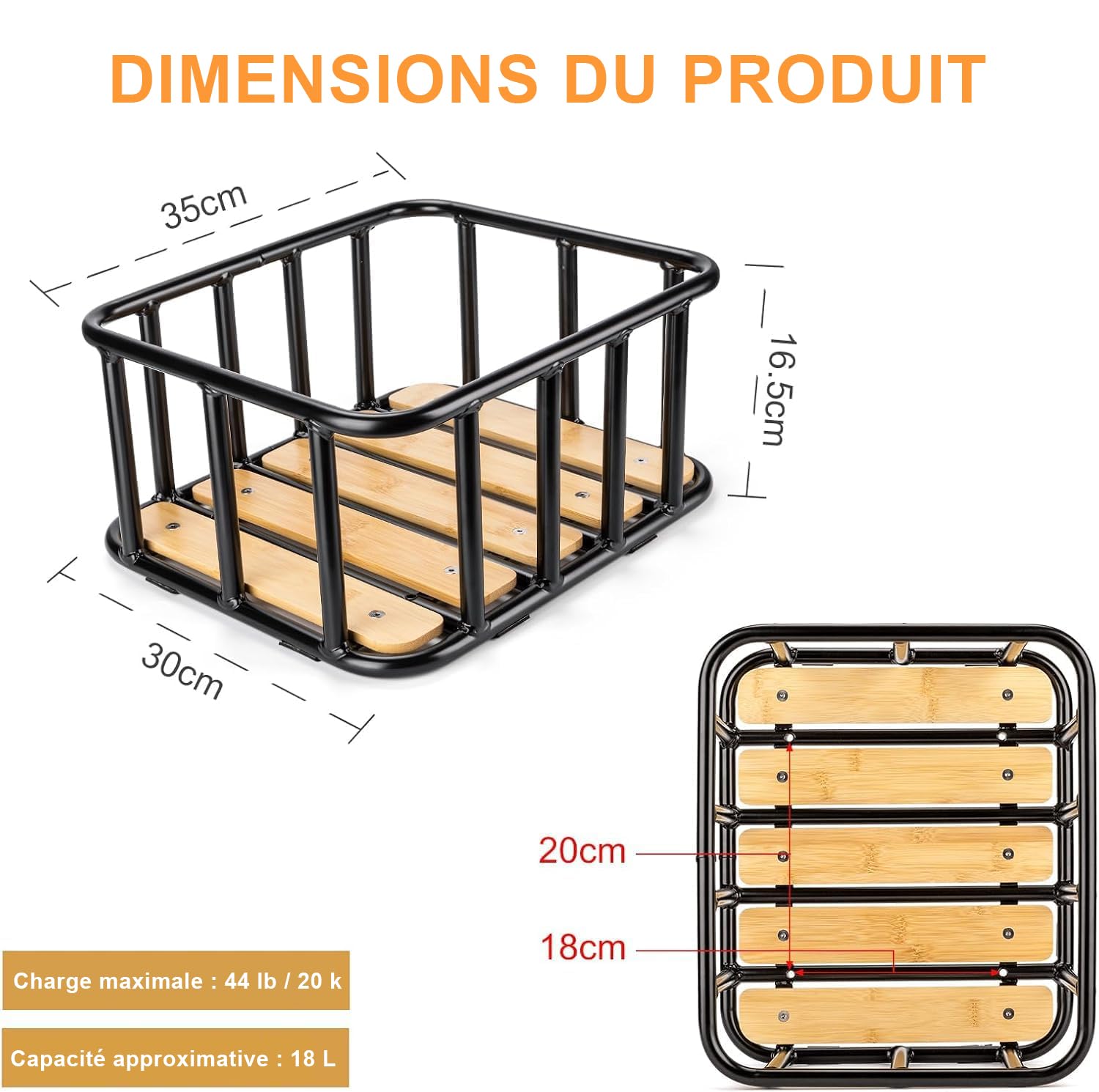 CXWXC Panier arrière de vélo – Grand panier porte-bagages avec fond en bois, housse imperméable et filet cargo haute capacité de charge