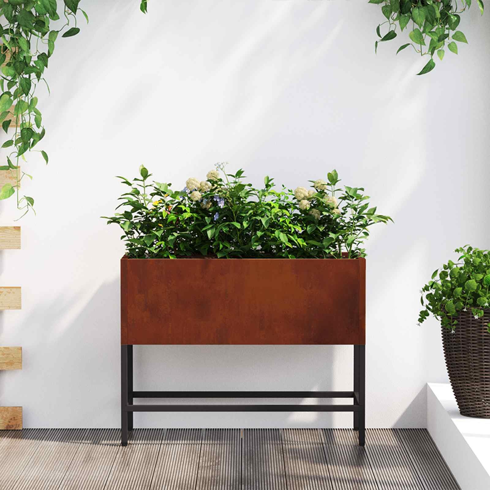 Podwyższona doniczka ogrodowa Rdzawy 60 x 26 x 45 cm, prostokątna metalowa donica na kwiaty zewnętrzna, odporna na UV i warunki atmosferyczne, nowoczesny design do ogrodu tarasu montaż i czyszczenie