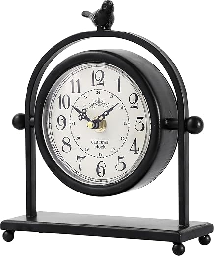 MODE HOME Vintage Farmhouse Table Clock with Bird Topper, Silent Non-Ticking Mantel Clock with Closable Back Cover, Black Iron Decorative Desk Clock for Living Room, Fireplace Mantel & Bedroom, 8 Inch
