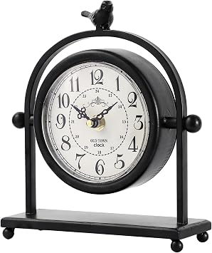 Vintage Farmhouse Table Clock with Bird Topper, Silent Non-Ticking Mantel Clock with Closable Back Cover, Black Iron Decorative Desk Clock for Living Room, Fireplace Mantel & Bedroom, 8 Inch