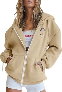 Minus8k Women's Loost Fit Lightweight Athletic Full Zip Jackets Zip up Hoodie Long Sleeve Plain Hooded Jacket Zip up Sweatshirt Jumper Warm Sweater Coat Top