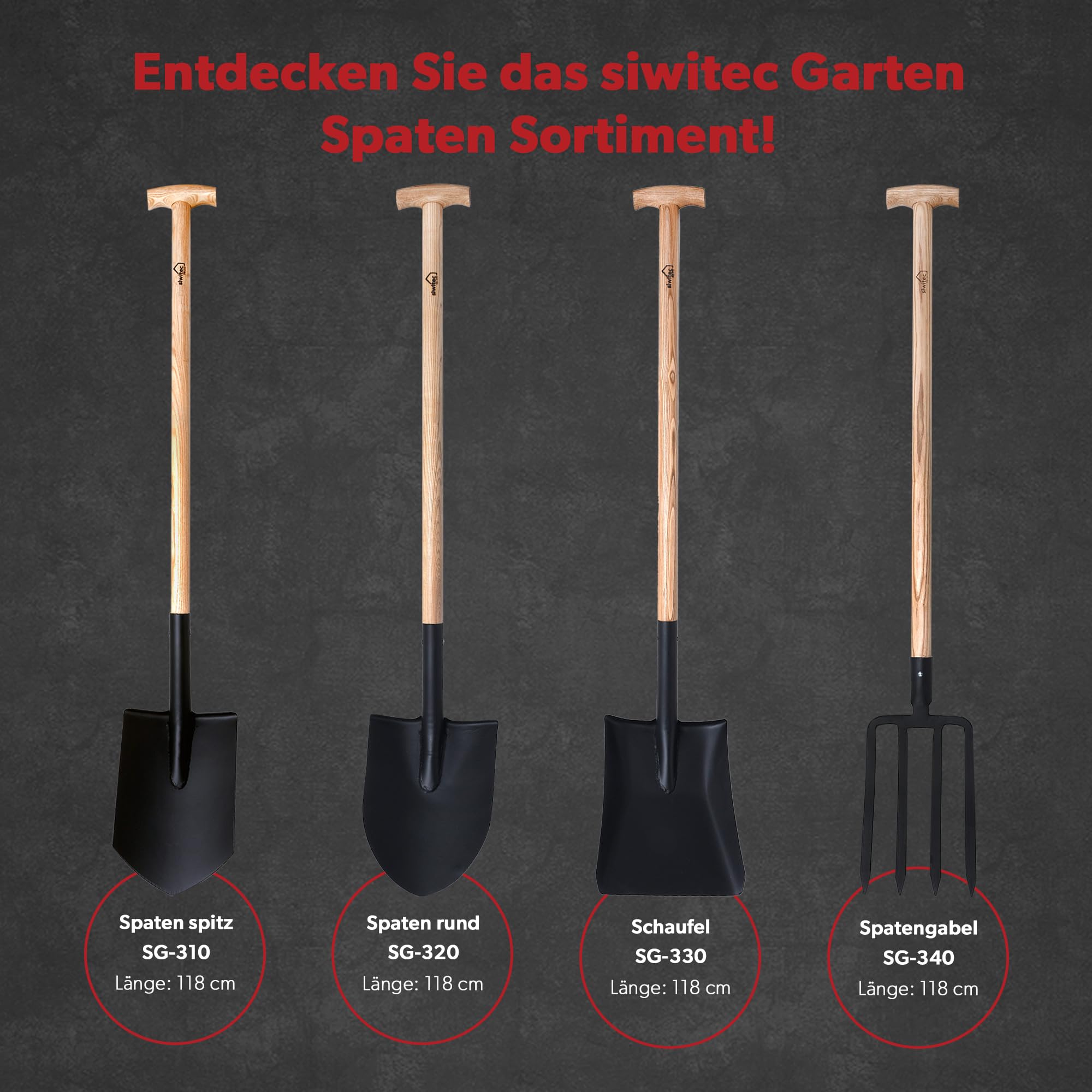 siwitec Gartenspaten rund SG-320 mit Holzstiel für weiche, steinarme Böden | ergonomischer Spaten mit Eschestiel und Stahlblatt | Länge: 118 cm | Garten | Gärtnerspaten